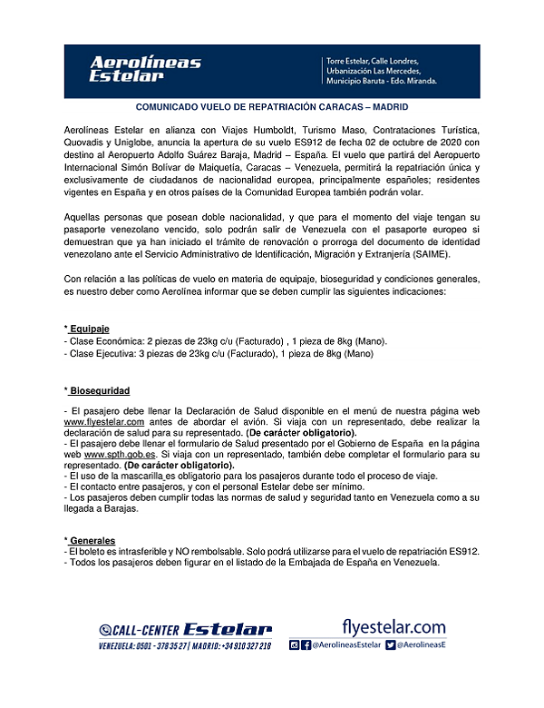 Comunicado Estelar Vuelo de repatriación Caracas Madrid.